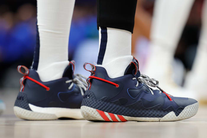 Philadelphia 76ers guard James Harden wearing the Adidas Harden Vol. 6.